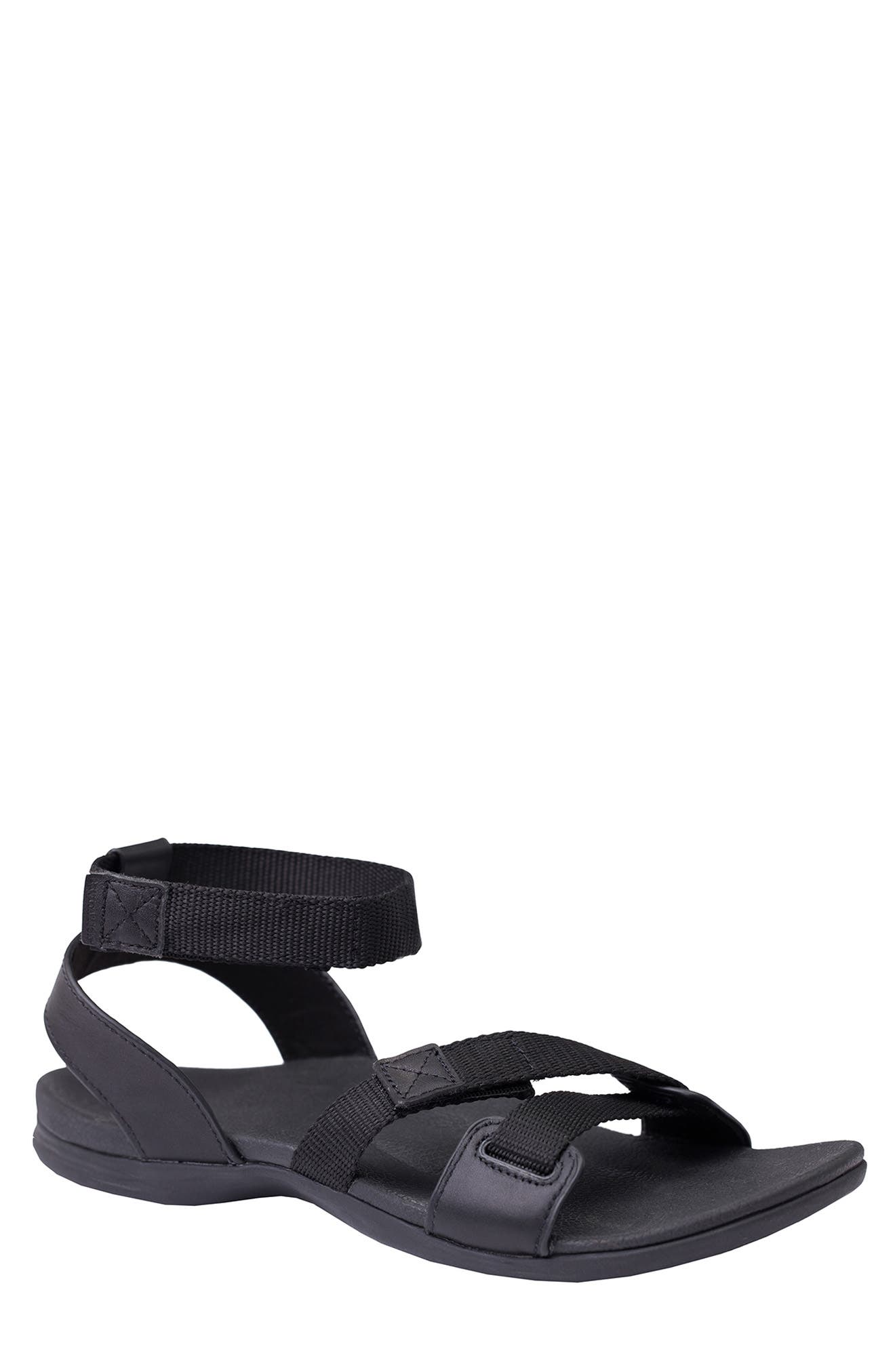 Webbed Orthotic Leather Sandal, Main, color, BLACK / BLACK