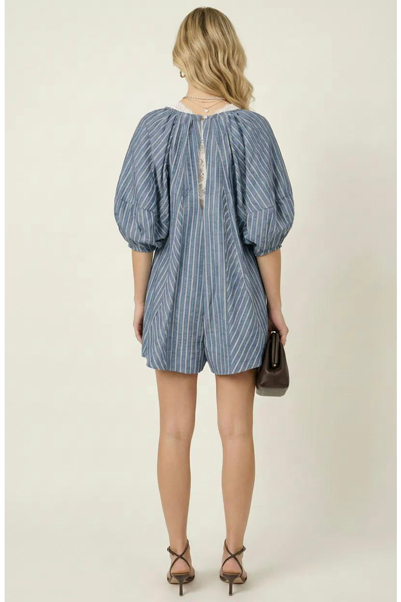 Striped V-Neck Tie Front Romper, Alternate, color, Slate Blue