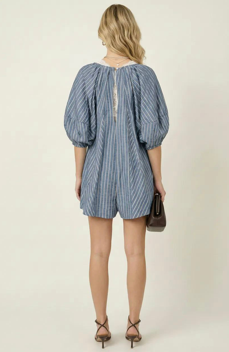 Modenaire Striped V-Neck Tie Front Romper, Alternate, color, Slate Blue