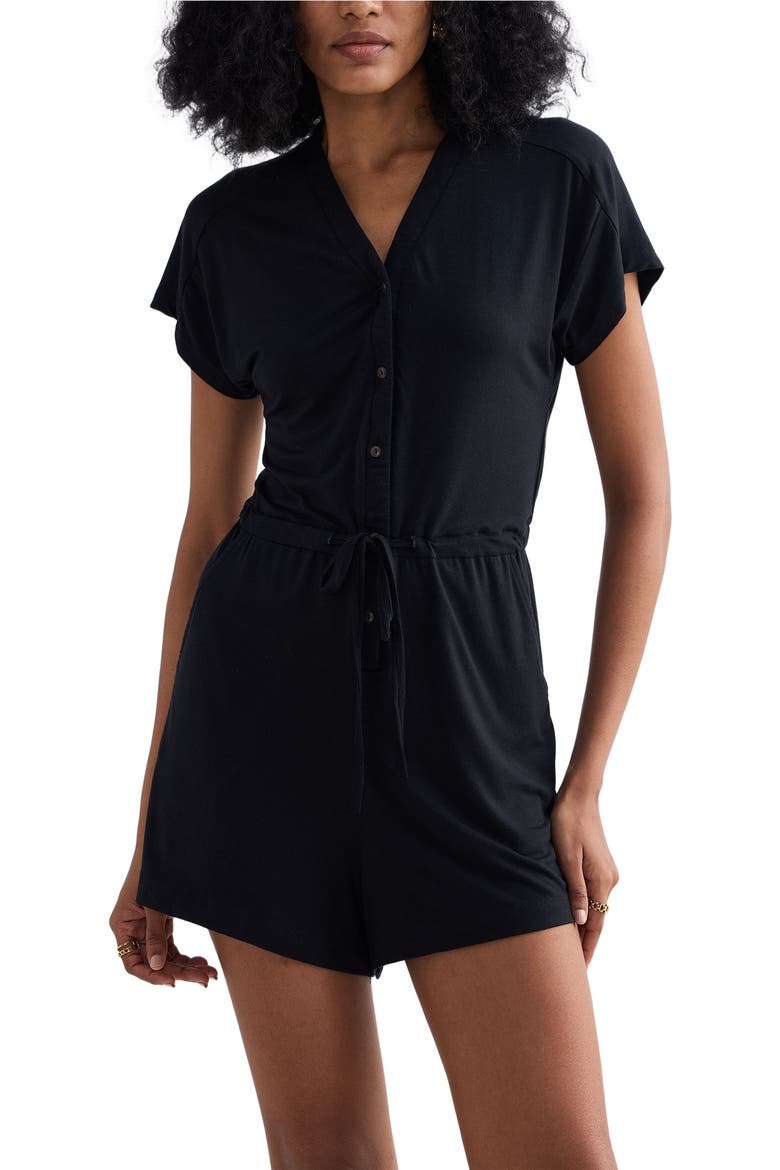 V neck Drawstring Knit Romper, Alternate, color, Black