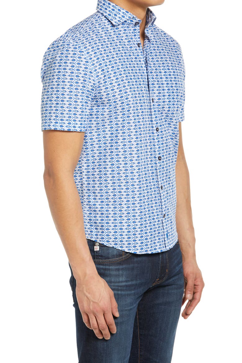 Hangin' Out Arie Fish Print Short Sleeve Button-Up Shirt, Alternate, color, LAGUNA BLUE