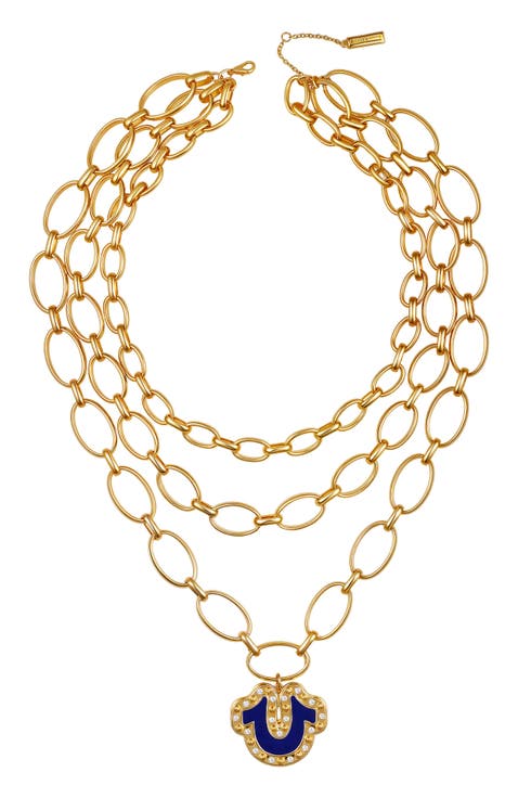 Layered chain necklace with horsehoe pendant