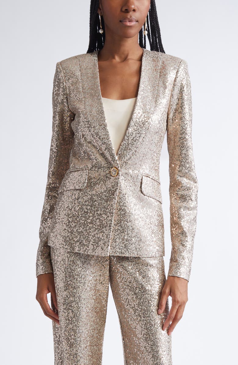 ST. JOHN Luxe Sequin Inset Shawl Jacket, Main, color, Latte Light Grey Melange