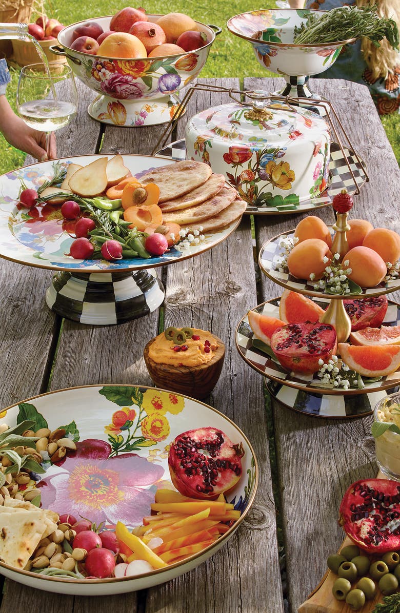 MACKENZIE CHILDS Flower Market Enameled Steel Large Compote, Alternate, color, White Multi