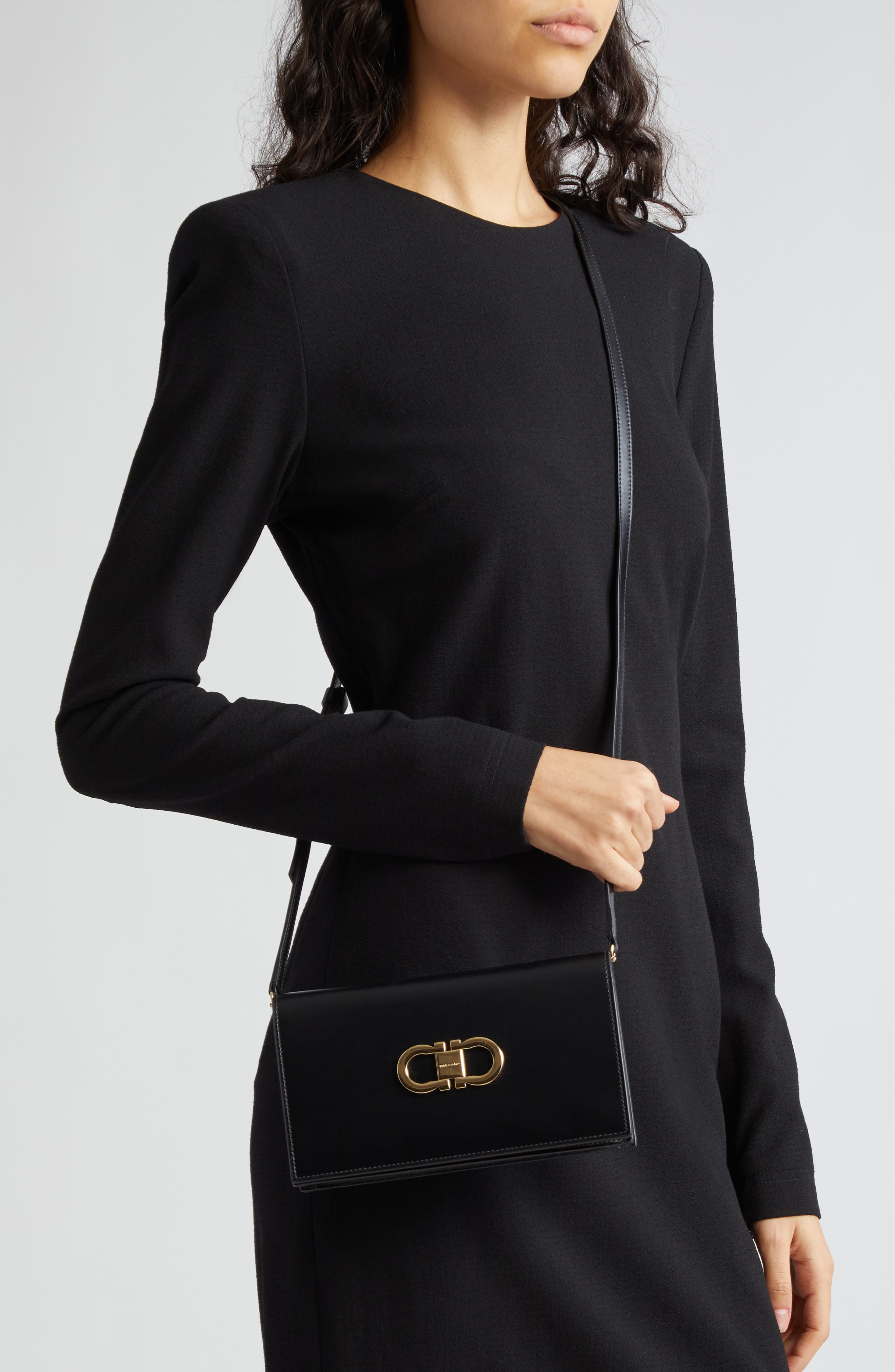 FERRAGAMO Double Gancio Bicolor Shoulder Bag, Alternate, color, Nero