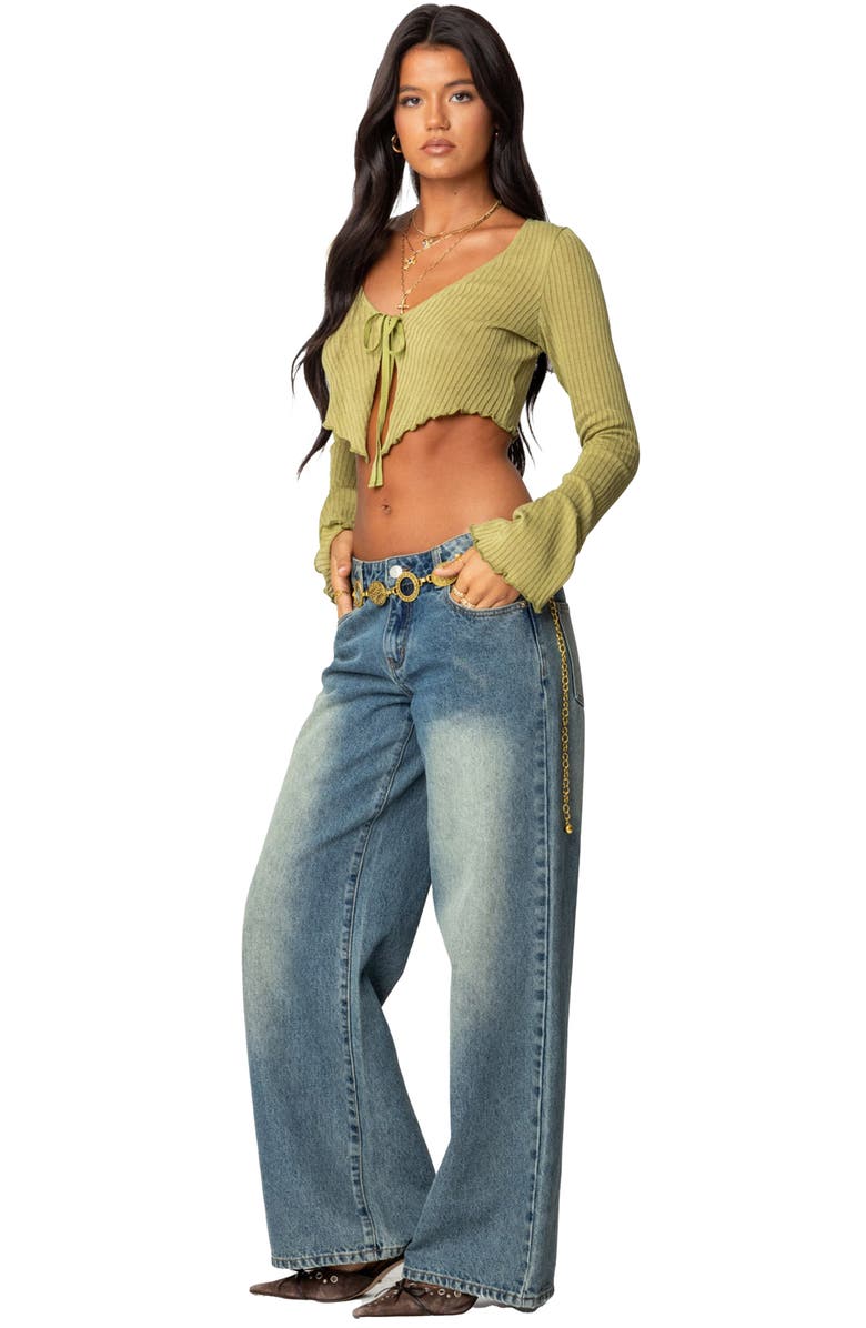 EDIKTED Bekkah Crop Tie Front Rib Cardigan, Alternate, color, Olive