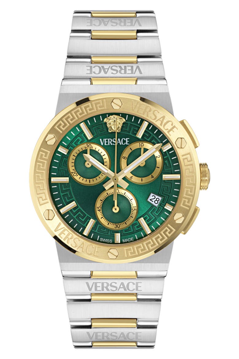 Greca Logo Chronograph Bracelet Watch, 40mm, Main, color, TWO TONE/ GREEN