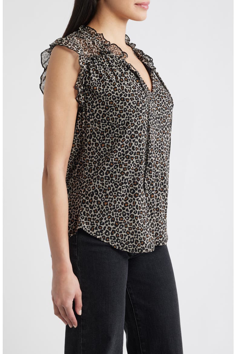 Animal Print Ruffle Trim Split Neck Top, Alternate, color, TAUPE