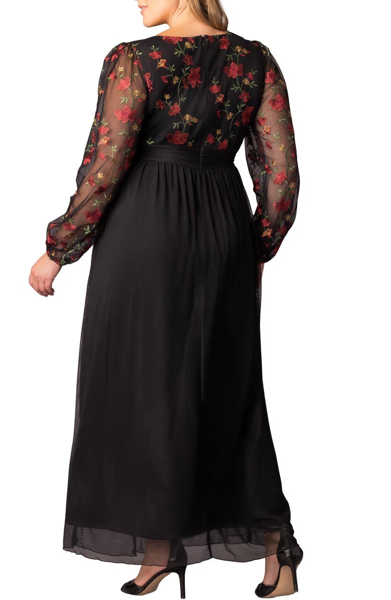 Kiyonna Floral Embroidered Long Sleeve Empire Waist Mesh Gown, Alternate, color, Floral Flare