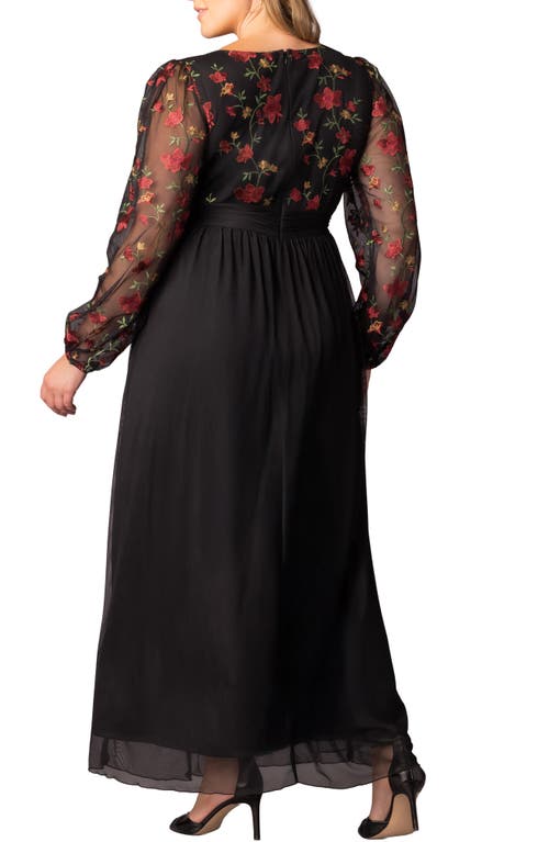 Kiyonna Floral Embroidered Long Sleeve Empire Waist Mesh Gown In Black