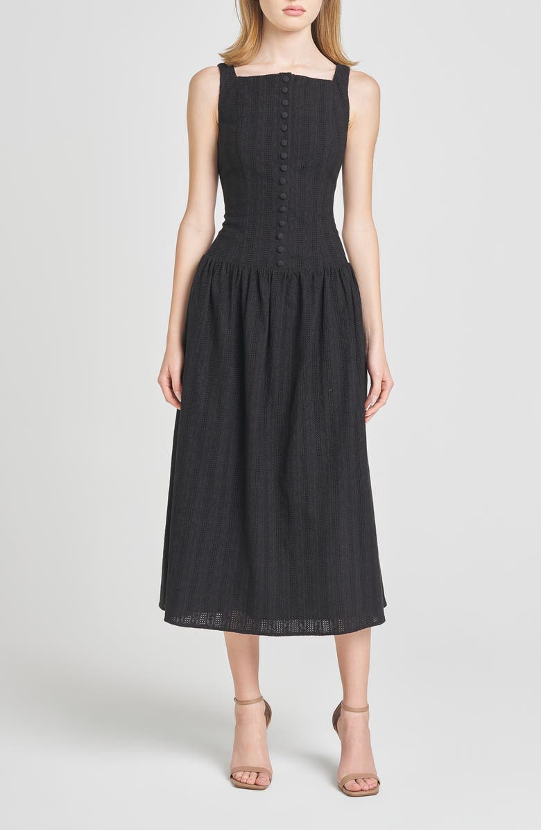 WAYF Eve Eyelet Embroidery A-Line Midi Dress, Main, color, Black