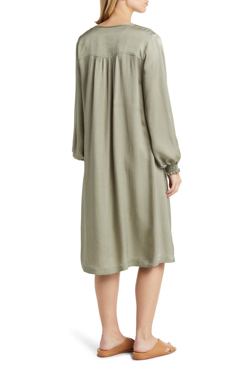 Nadiya Smocked Long Sleeve Satin Shift Dress, Alternate, color, VETIVER