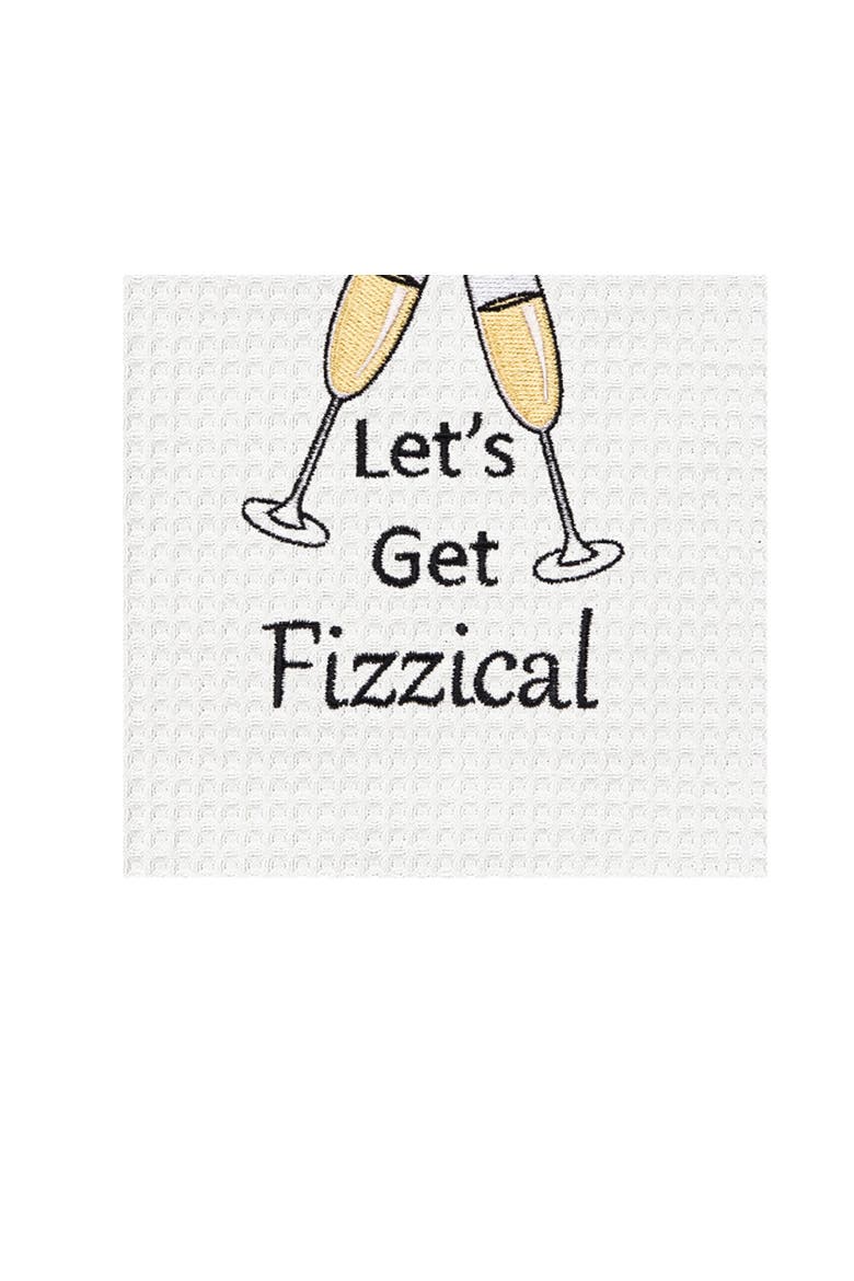 "Let's Get Fizzical" Bubbly Champagne Glasses Funny Waffle Weave Embroidered Dishtowel, Alternate, color, Yellow