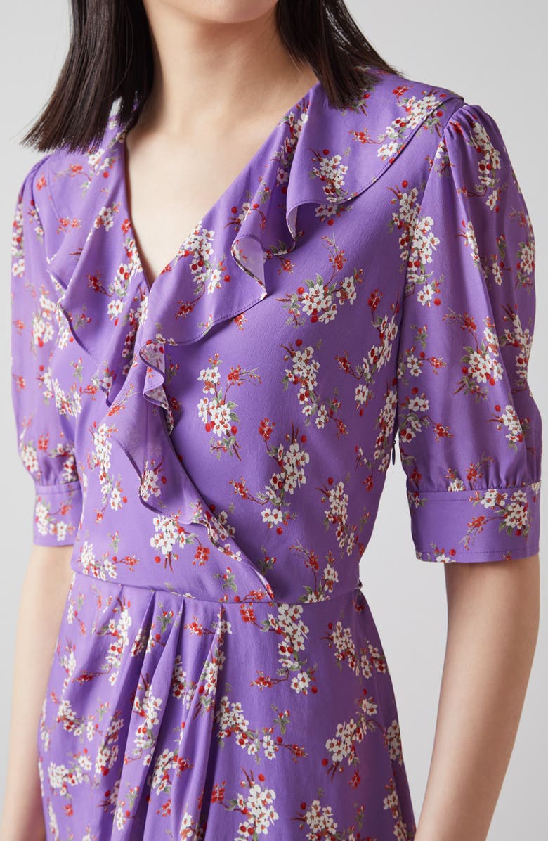 LK Bennett Ophelia Floral Short Sleeve Faux Wrap Dress, Alternate, color, Multi-Purple