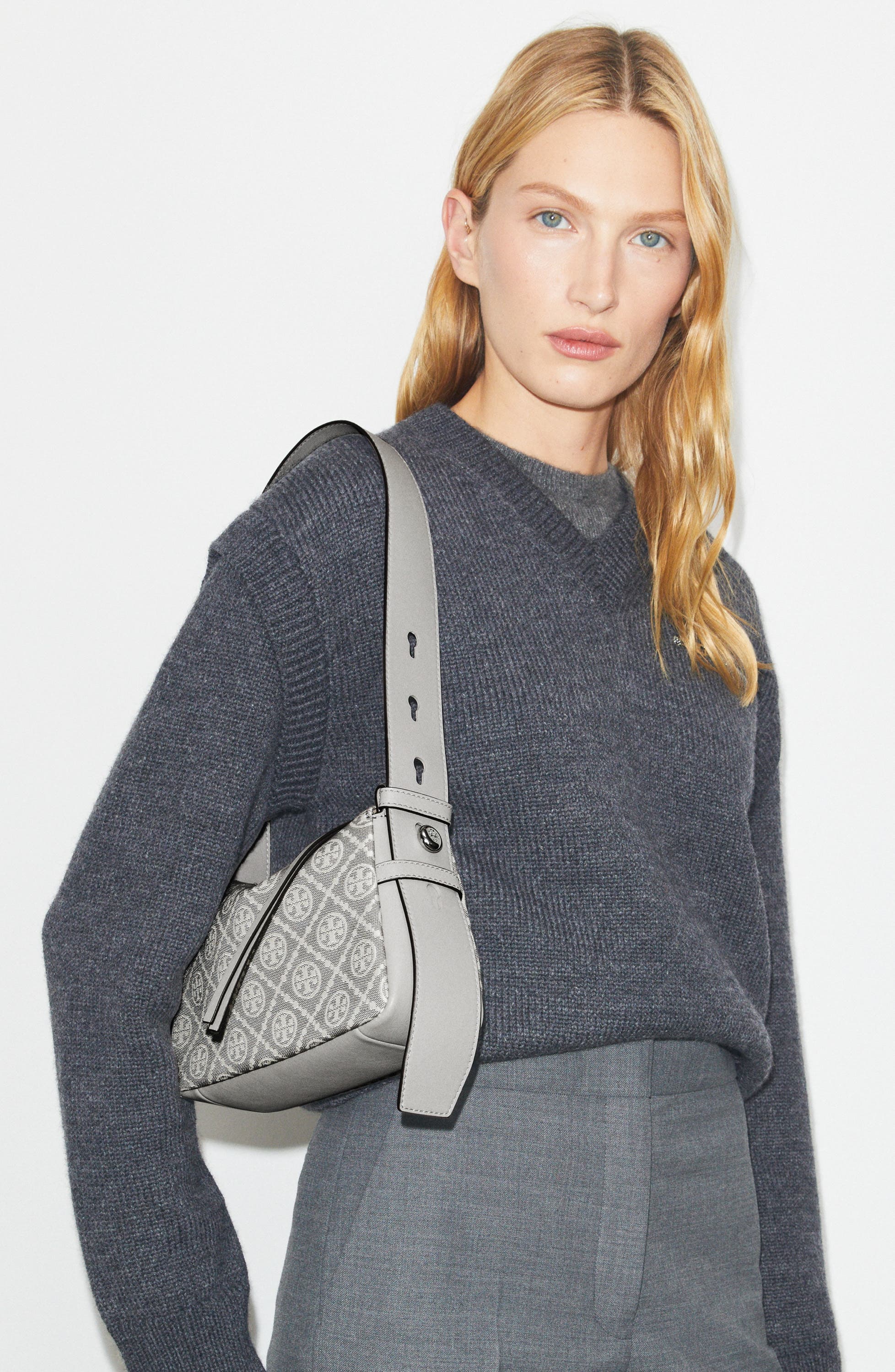 Small Romy T Monogram Canvas Shoulder Bag, Alternate, color, GRAY