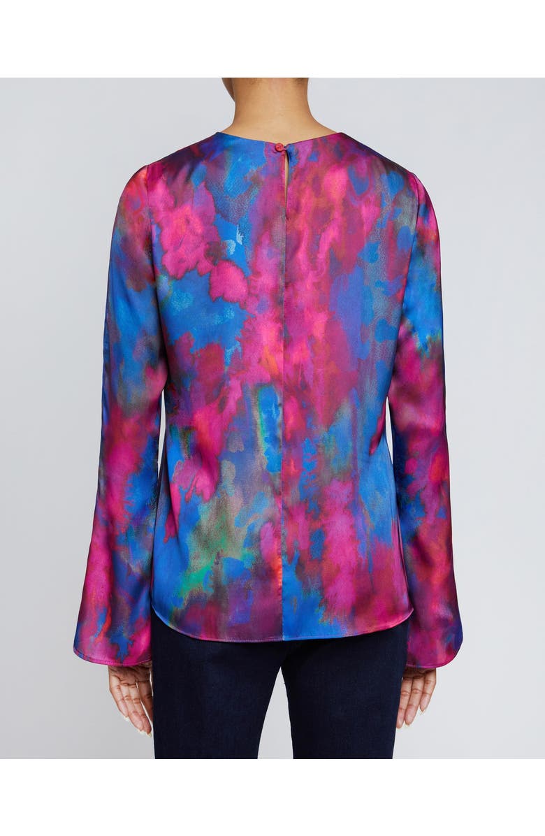 Santorelli NOA Long Sleeve Keyhole Blouse in Abstract Printed Charmeuse, Alternate, color, Magenta Multi