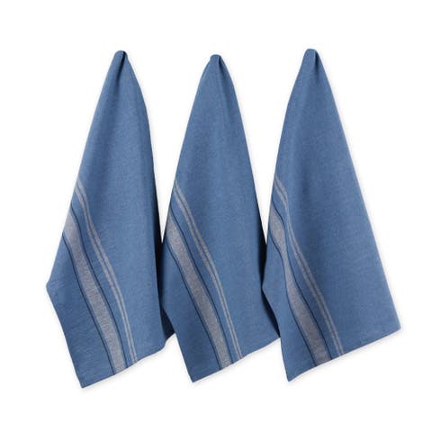 Blue Chambray French Stripe Woven Dishtowel Set/3