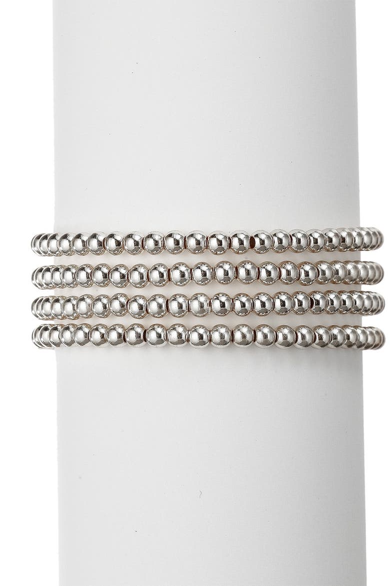 Rhodium Plated Brass Beaded Stretch Bracelets - Set of 4, Main, color, SILVER