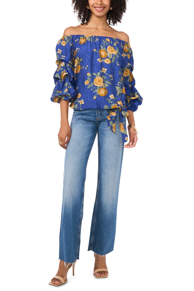 Floral Off the Shoulder Bubble Sleeve Top, Alternate, color, RIVIERA SAND