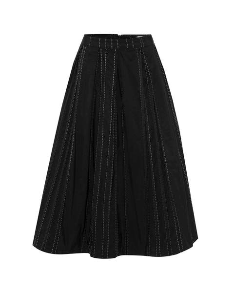 Theia Striped Taffeta Pleated Midi Skirt