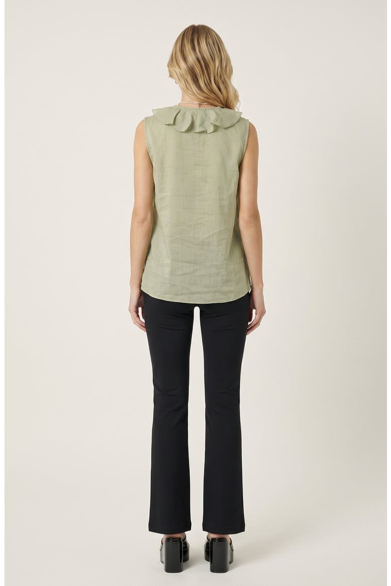 Sleeveless Ruffle Front Blouse with Lace Inset Trim and V Neckline, Alternate, color, Green