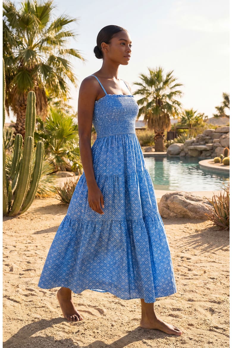 Kristen Smocked Tiered Midi Dress, Alternate, color, Meridien Breeze