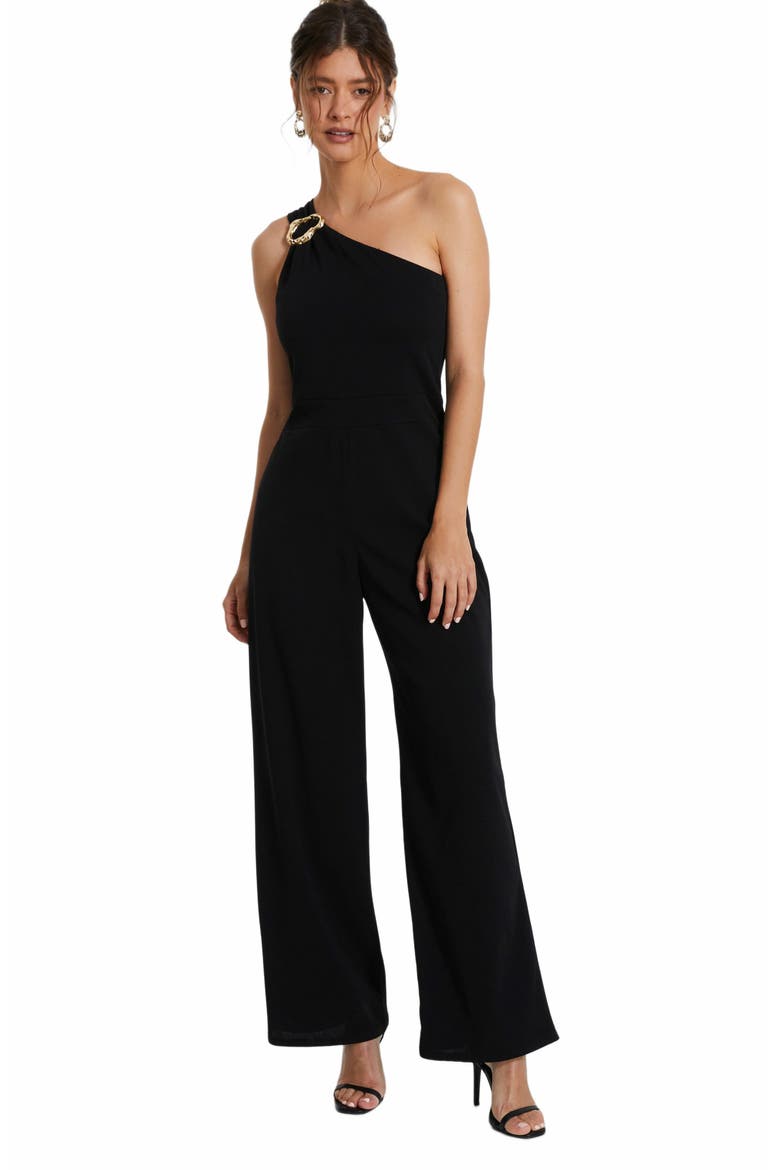 One Shoulder Scuba Crepe Jumpsuit With Gold Buckle, Main, color, Black