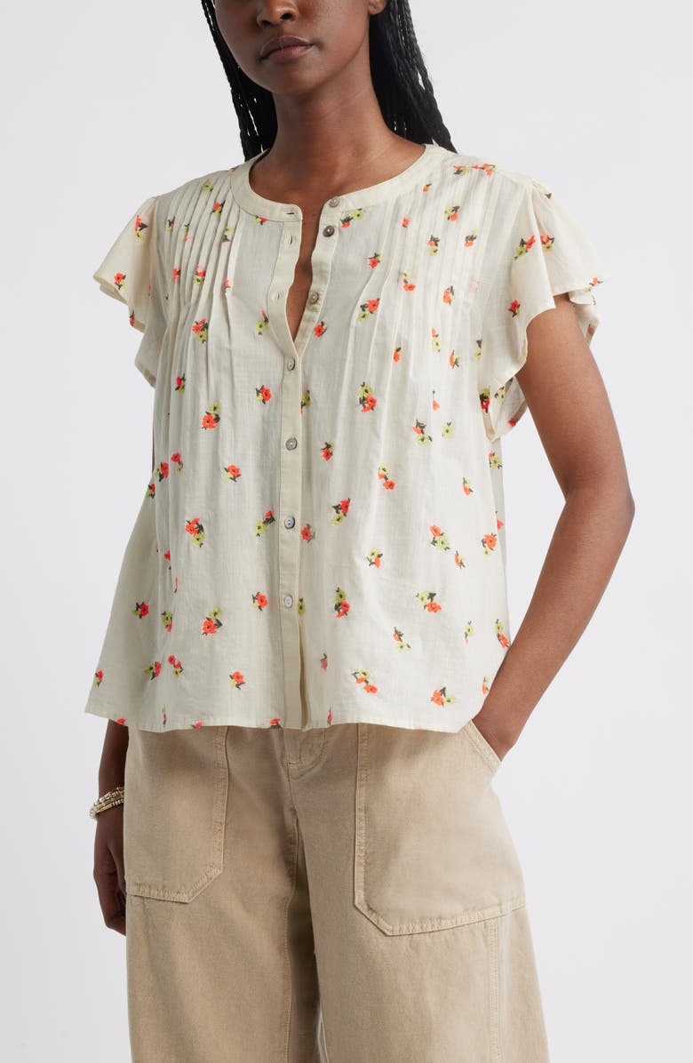 Treasure & Bond Floral Cotton Pintuck Flutter Sleeve Top, Main, color, Ivory- Coral Falling Ditsy