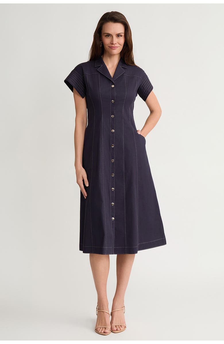 Ming Wang Fit-N-Flare Contrast Stitch Cotton Maxi Dress, Main, color, Indigo/White