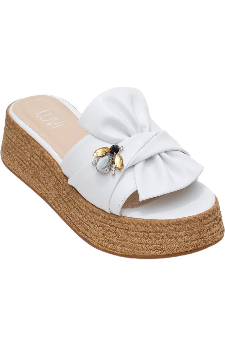 Prologue Shoes Shara Braided Bow & Bee Buckle Platform Sandal, Alternate, color, White Faux Leather