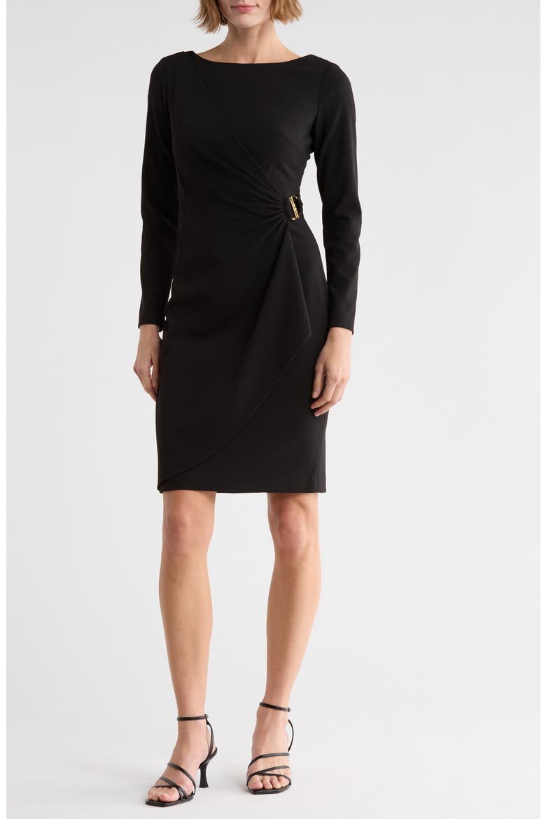 Ruched Long Sleeve Sheath Dress, Main, color, BLACK