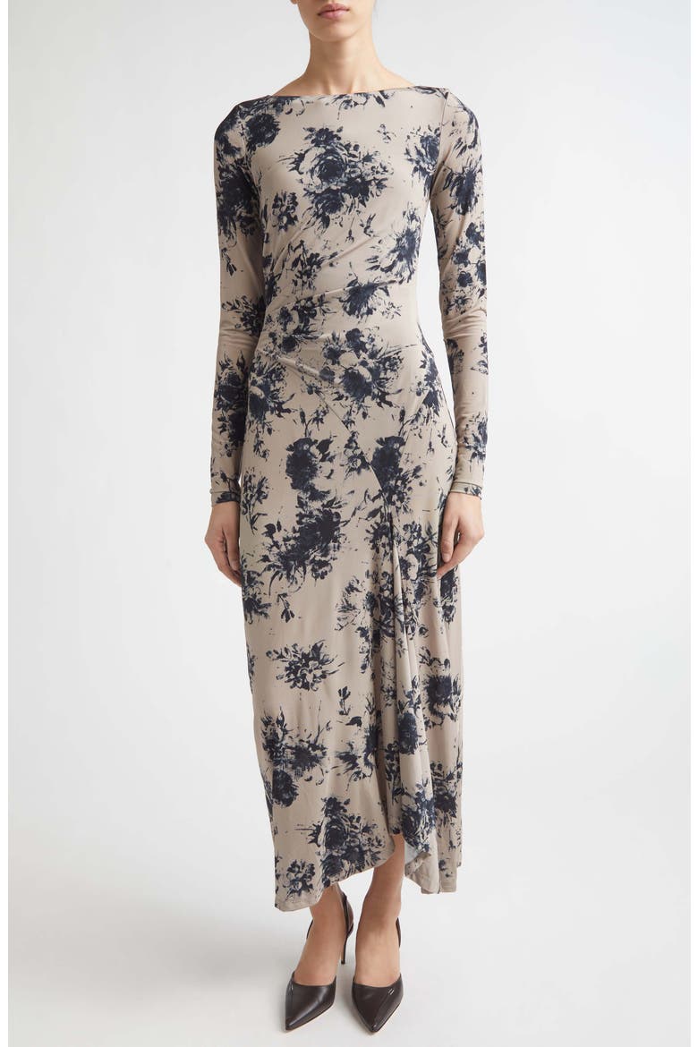 Floral Printed Draped Jersey Midi Dress, Main, color, CLAY