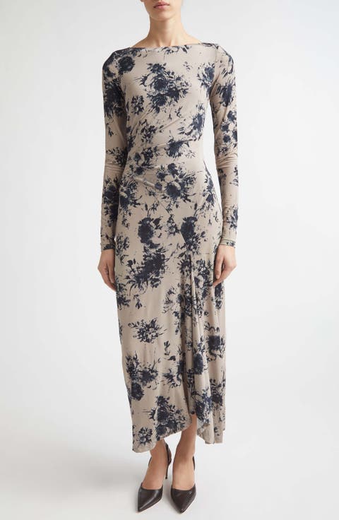 Floral Printed Draped Jersey Midi Dress
