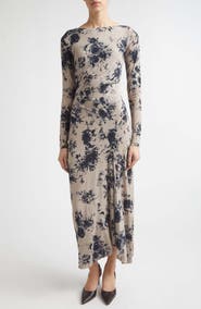 Lela Rose Floral Printed Draped Jersey Midi Dress
