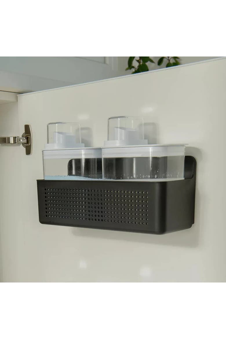 Clear Airtight 50oz & 77oz Laundry Dispenser Set with Measuring Caps and Wall Mounted Storage Basket, 3 Piece Organizer, Alternate, color, Black