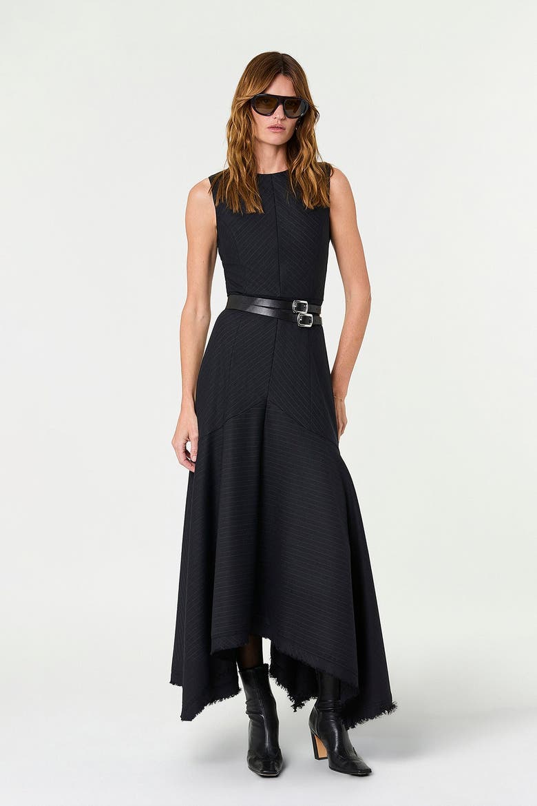Carla Sleeveless Raw Hem Maxi Dress, Main, color, INK PINSTRIPE