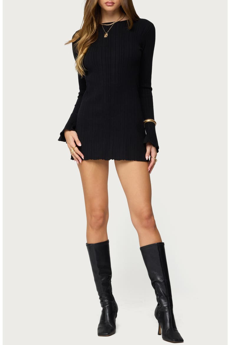 Isabel Backless Long Sleeve Rib Minidress, Main, color, BLACK