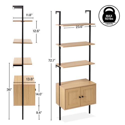 Happimess Tulare 72.05" Midcentury Industrial 4-shelf Wood Wall-mounted Open Ladder Bookcase With Ca In Light Oak/black