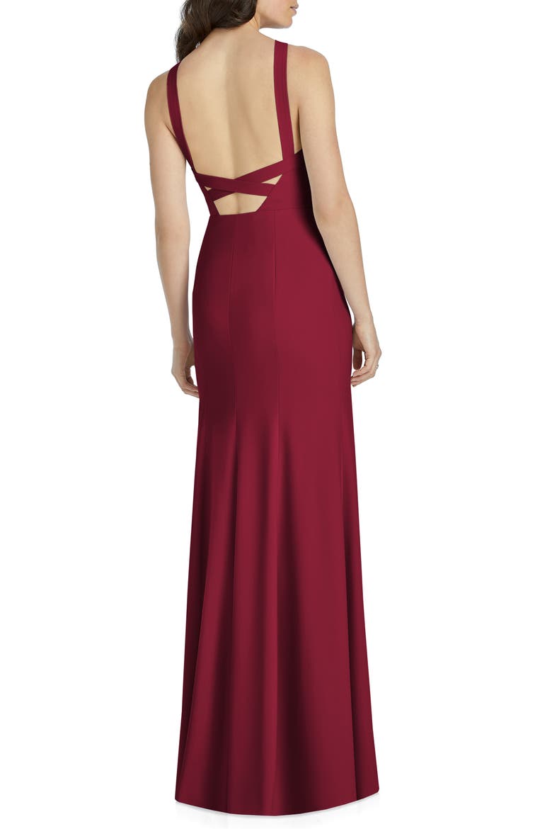 Cutaway Shoulder Crepe Column Gown, Alternate, color, BURGUNDY