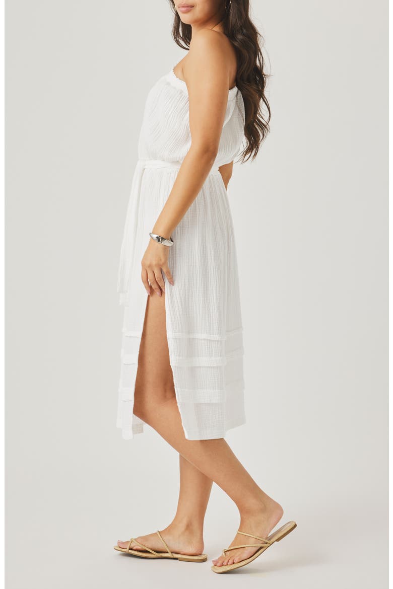 Ava One-Shoulder Gauze Midi Dress, Alternate, color, WHITE
