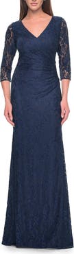 La Femme Stretch Lace Evening Dress with Ruching