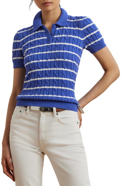 Stripe Cable Knit Cotton Polo Sweater