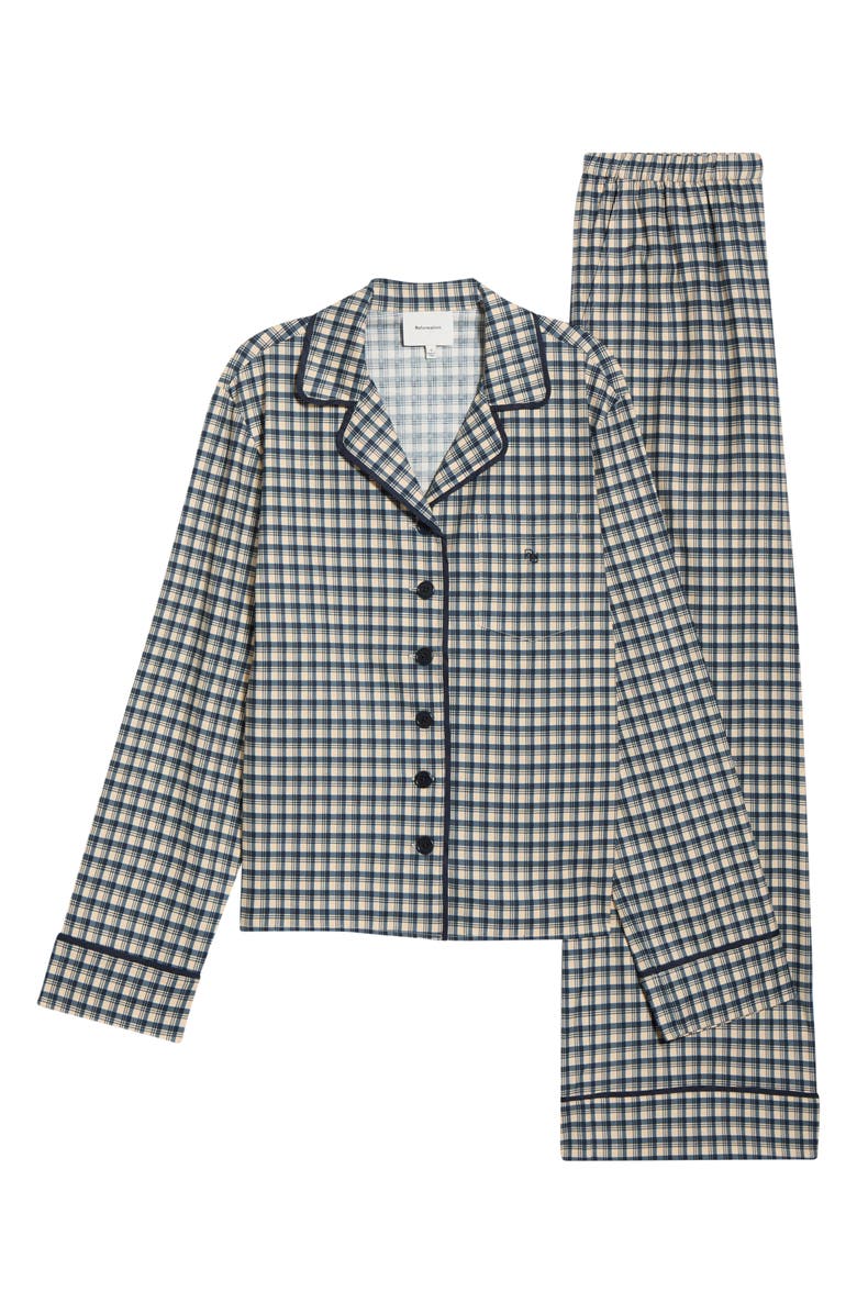 Reformation Coco Piped Check Stretch Organic Cotton Pajamas, Main, color, Beacon Check