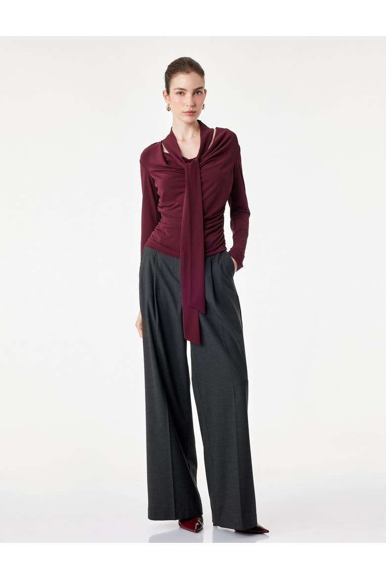 Long Sleeve Cowl Neck Tie Front Top, Main, color, BORDEUX