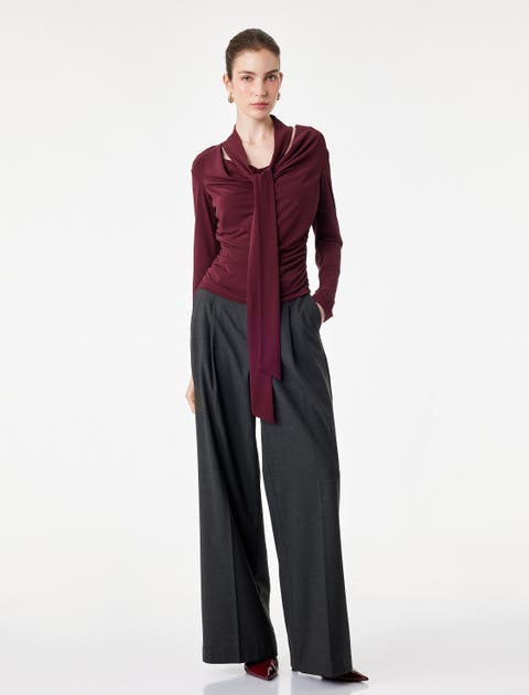 Long Sleeve Cowl Neck Tie Front Top