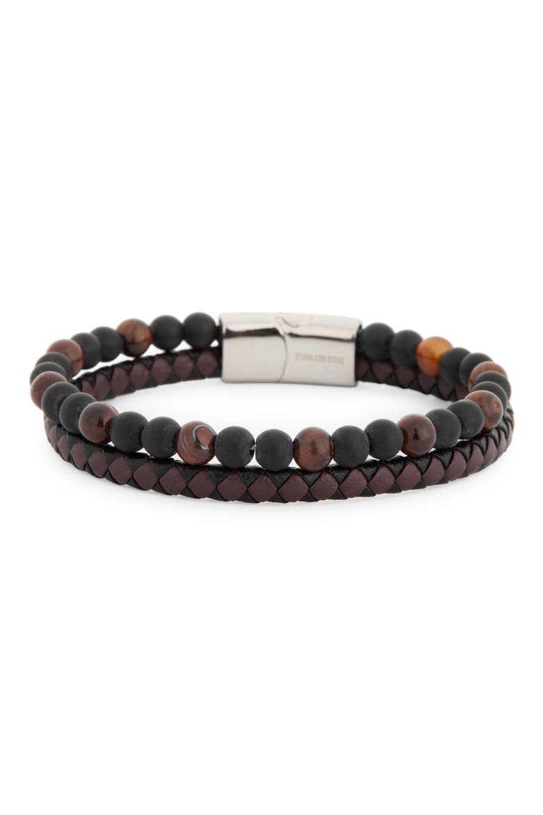 Men's 2-Row Faux Leather & Bead Bracelet, Alternate, color, BROWN MULTI- STAINLESS