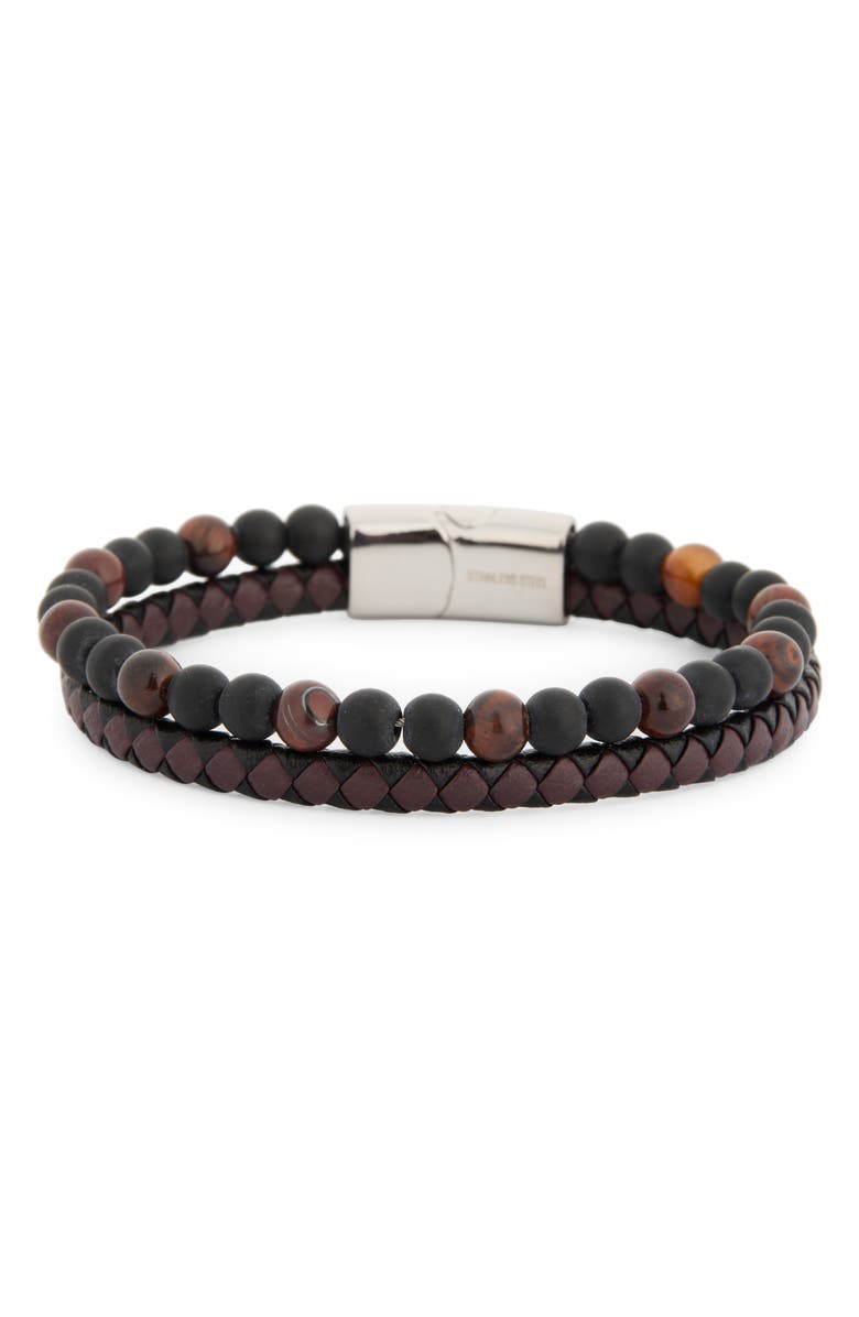 NORDSTROM RACK Men's 2-Row Faux Leather & Bead Bracelet, Alternate, color, Brown Multi- Stainless