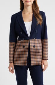 Tahari ASL Check Denim Double Breasted Jacket