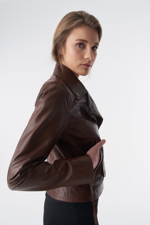 Furniq Uk Delphine Patterned Leather Jacket In Brown