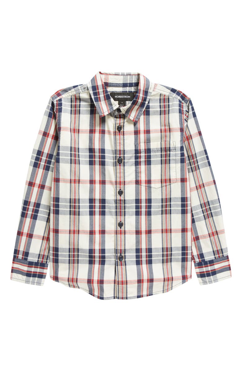 Nordstrom Kids' Stripe Poplin Button-Up Shirt, Main, color, Ivory- Navy Heritage Plaid